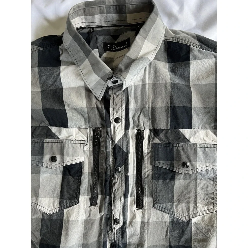 7 Diamonds Shirt Mens XL Black Gray White Plaid Button Down Embroidered Pockets - Picture 6 of 15